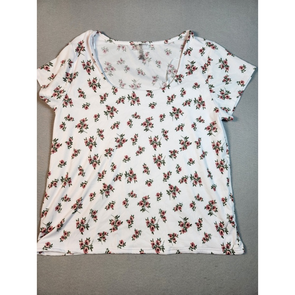 Eye Candy Womens 3X Floral Ribbed Knit Scoop Neck Short Sleeve Top White Pink
